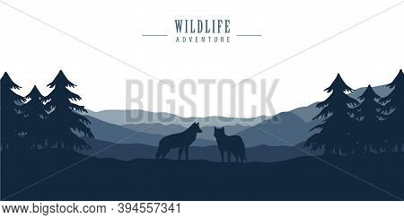 Wolf Pack On Blue Forest Landscape With Mountain View Vector Illustration Eps10