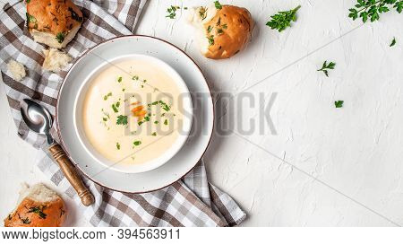 Delicious Cream Soup With Bread, Healthy Organic Vegetarian Vegan Diet Fresh Food Meal Dish Soup Lun