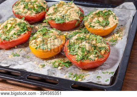 Provencal Tomatoes - Preparation Of A Dish, Halves Of Tomatoes Sprinkled With Breadcrumbs, Herbs And