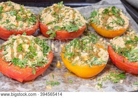 Provencal Tomatoes - Preparation Of A Dish, Halves Of Tomatoes Sprinkled With Breadcrumbs, Herbs And