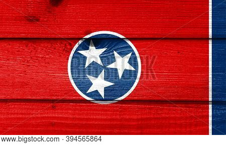 Tennessee Flag Painted On Old Wood Plank Background. Brushed Natural Light Knotted Wooden Board Text