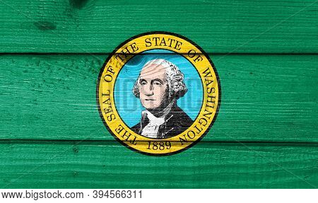 Washington Flag Painted On Old Wood Plank Background. Brushed Natural Light Knotted Wooden Board Tex