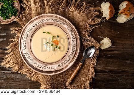 Traditional Recipe Of Du Barry Soup Cauliflower In Bowl On Wooden Background, Space For Text. Top Vi