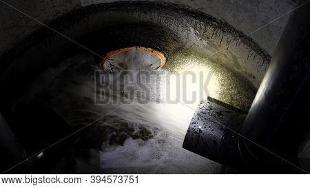 Industrial Pipe Discharging Liquid Waste. Media. Concept Of Ecology And Waste Recycling, Chemical Wa