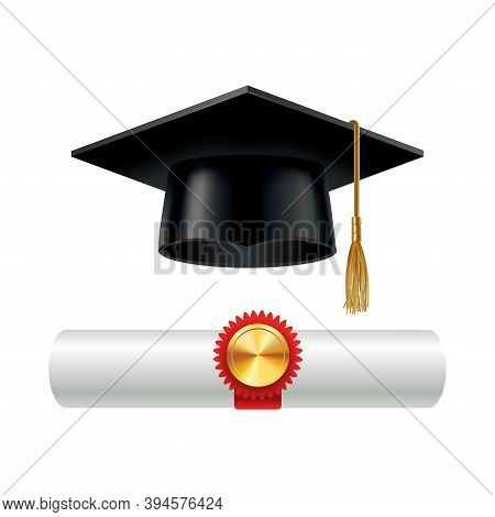 Graduation Cap And Rolled Diploma Scroll With Stamp. Finish Education Concept. Academic Hat With Tas