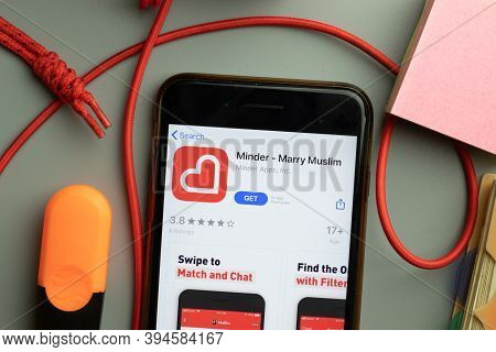New York, United States - 7 November 2020: Minder Marry Muslim App Store Logo On Phone Screen, Illus