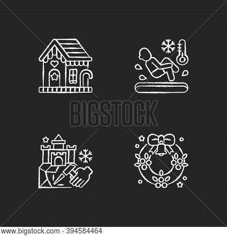 Winter Season Traditions Chalk White Icons Set On Black Background. Gingerbread House. Polar Bear Pl
