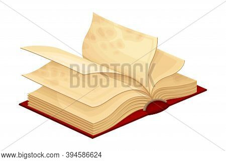 Open Old Book In Hard Cover With Stained Yellowish Pages Vector Illustration