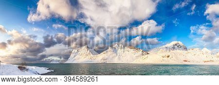 Fabulous Winter View Of Vik Beach During Sunset With Lots Of Snow  And Snowy  Mountain Peaks Near Le