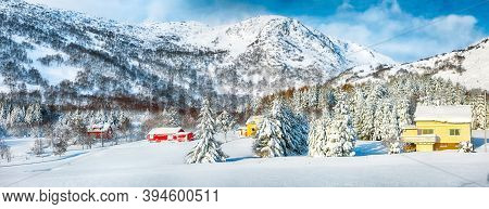 Astonishing Winter Scenery With Traditional Norwegian Wooden Houses And Pine Trees Near Valberg Vill