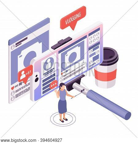 Vlogging Isometric Concept With Female Person Recording Vlog Using Mobile Phone And Selfie Stick Vec