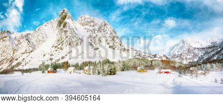 Fabulous Winter Scenery With Traditional Norwegian Wooden Houses And Pine Trees Near Valberg Village