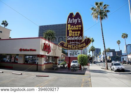Hollywood, California / USA - November 10, 2020: Arby's Roast Beef Sandwich restaurant. Fast food restaurant in Hollywood California.  Editorial Use Only