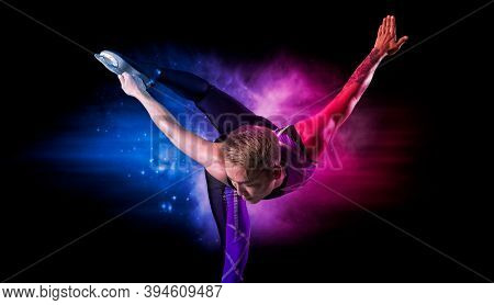 Biellmann spin. Man figure skating in action. Sports banner. Horizontal copy space background