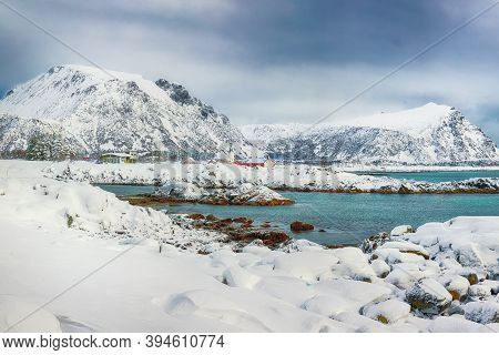 Fabulous Snowy Winter Scene Of  Valberg Village With Snowy  Mountain Peaks On Lofoten Islands.  Loca