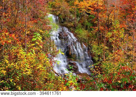 Issaqueena Falls during autumn season in Walhalla, South Carolina, USA.
