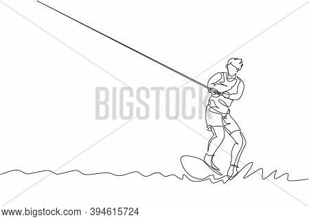 One Continuous Line Drawing Of Young Energetic Man Fun Play Wakeboarding In The Sea Ocean. Healthy L