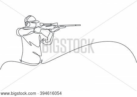 Single Continuous Line Drawing Of Young Athlete Man Shooter Holding Gun And Training To Aim Target T