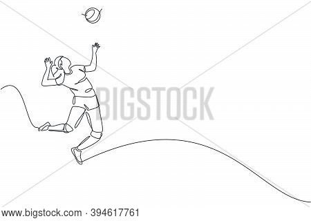 One Single Line Drawing Of Young Male Professional Volleyball Player Exercising Jumping Serve On Cou