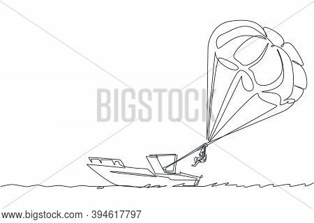 Single Continuous Line Drawing Young Tourist Man Flying With Parasailing Parachute On The Sky Pulled