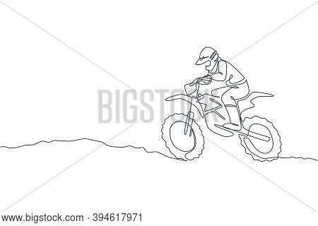 One Single Line Drawing Of Young Motocross Rider Conquer Track Obstacles At Race Track Vector Illust