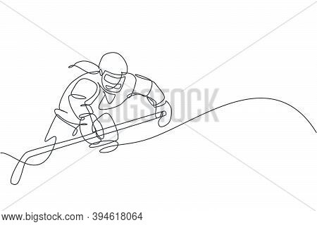 Single Continuous Line Drawing Of Young Professional Ice Hockey Player Hit The Puck And Attack On Ic