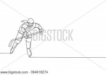 Single Continuous Line Drawing Of Young Professional Ice Hockey Player Hit The Puck And Attack On Ic