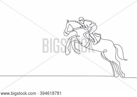 One Continuous Line Drawing Of Young Horse Rider Man In Action. Train Equine To Jump At Racing Track
