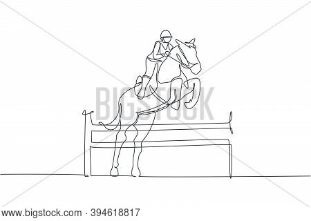 One Single Line Drawing Young Horse Rider Man Performing Dressage Jumping The Obstacle Test Vector I