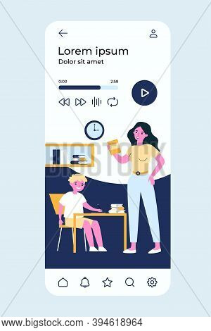 Mom Helping Son To Do School Home Task. Boy Writing At Desk, Woman Holding Book Flat Vector Illustra
