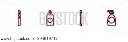 Set Line Nail File, Cotton Swab For Ears, Spray Can And Bottle Of Liquid Soap Icon. Vector