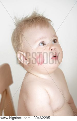 Chubby Baby With A Kiss Mark On His Cheek, A Trace Of Red Lipstick, Sweet Baby, Valentine's Day Gree