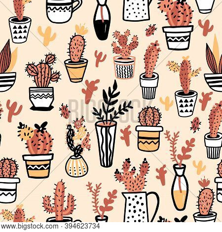 Illustration Of Willow Branches In Vase Isolated On A Pink Background. Seamless Surface Pattern.