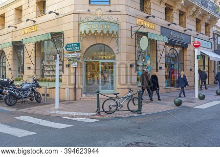 Cannes, France - February 1, 2016: Famous Upscale Bakery Laduree Specializing For French Macarons In