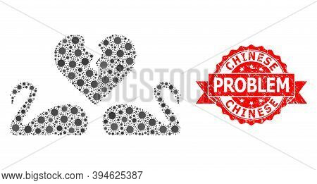 Vector Mosaic Divorce Swans Of Flu Virus, And Chinese Problem Rubber Ribbon Seal. Virus Items Inside