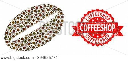 Vector Collage Coffee Bean Of Covid-2019 Virus, And Coffeeshop Unclean Ribbon Stamp. Virus Items Ins