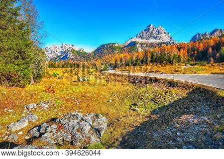 Scenic Image Of The Alpine Road  In National Park Tre Cime Di Lavaredo. Location: National Park Tre 