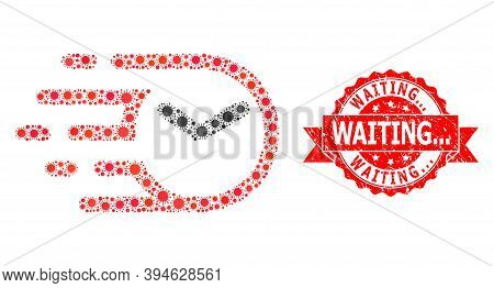 Vector Collage Clock Of Flu Virus, And Waiting... Grunge Ribbon Stamp Seal. Virus Cells Inside Clock