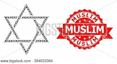 Vector Mosaic David Star Of Virus, And Muslim Textured Ribbon Seal Print. Virus Items Inside David S