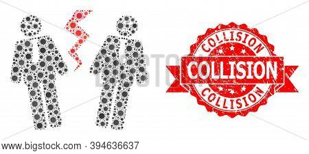 Vector Collage Businessmen Conflict Of Flu Virus, And Collision Grunge Ribbon Seal Print. Virus Cell