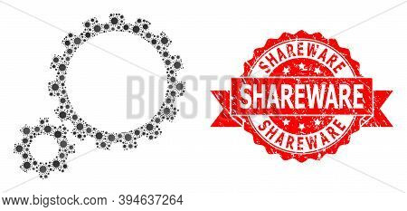 Vector Collage Gear Transmission Of Covid-2019 Virus, And Shareware Unclean Ribbon Stamp Seal. Virus