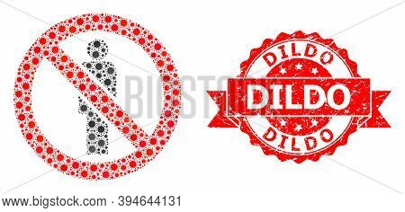 Vector Collage Forbidden Man Of Covid-2019 Virus, And Dildo Scratched Ribbon Seal Print. Virus Eleme