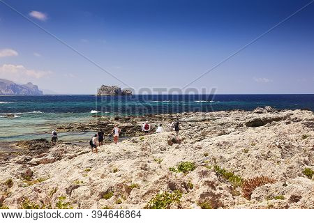 Gramvousa - Balos, The Crete Island, Greece - June 4, 2019: The People On The Beach Of Gramvousa Isl