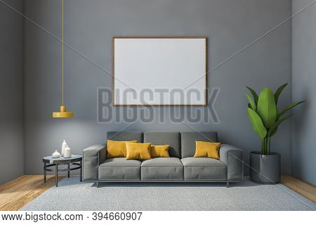 Grey Hall Mockup Blank Canvas With Grey Sofa Against White Wall With Plant. Minimalist Grey Hall Wit