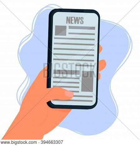 Reading News On Screen Of Smartphone. Hand Holding Mobile Phone Isolated Composition On White Backgr
