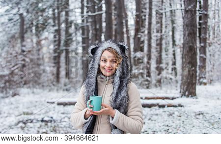 Animal Care. Winter Themed Portrait Cosy Outfit. Woman Wear Wolf Hat. Animal Rights. Wild Life Symbo