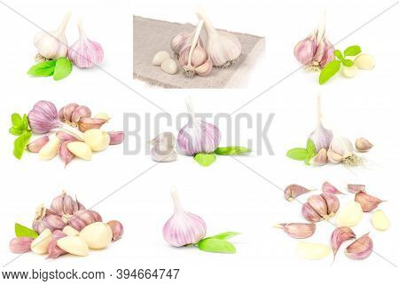Collage Of Garlic Isolated On A White Background Cutout
