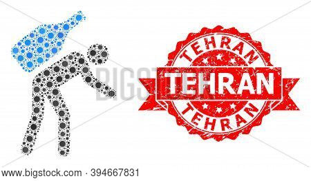 Vector Collage Wine Courier Of Flu Virus, And Tehran Textured Ribbon Stamp Seal. Virus Elements Insi