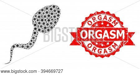 Vector Collage Sperm Cell Of Sars Virus, And Orgasm Textured Ribbon Stamp. Virus Items Inside Sperm 