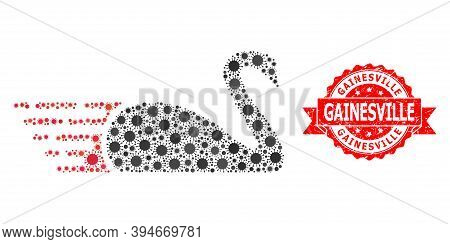 Vector Collage Swan Of Covid-2019 Virus, And Gainesville Grunge Ribbon Stamp Seal. Virus Items Insid